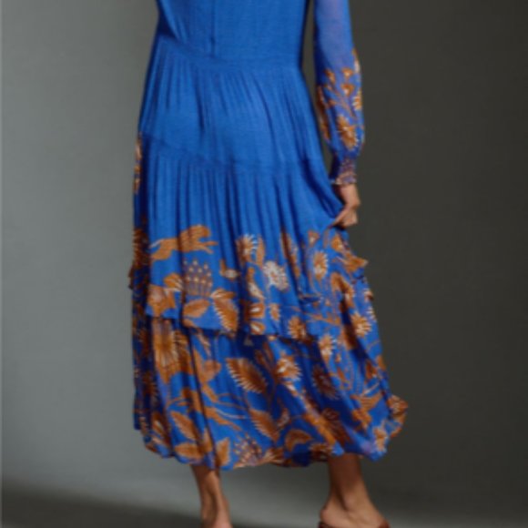 Anthropologie Printed Chiffon Dark Blue Marais Maxi Dress - Picture 2 of 3